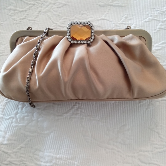 Jessica McClintock Handbags - Jessica McClintock Gold Satin Clutch with Jewel Accent & Antique Goldtone Chain